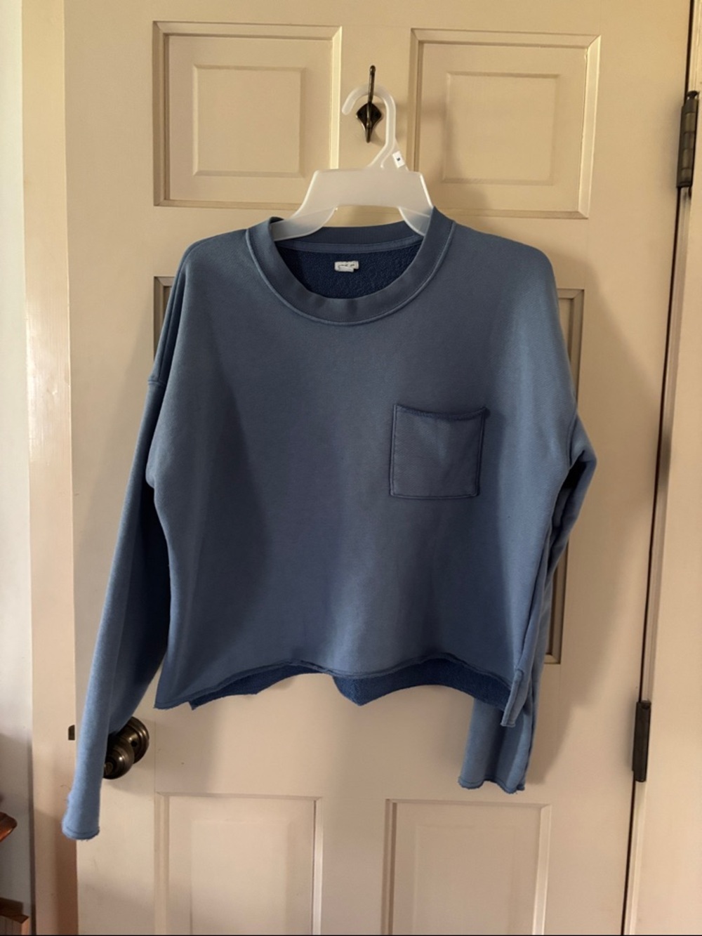 aerie Dusty Blue Crewneck Sweatshirt with Chest Pocket cropped Distressed look